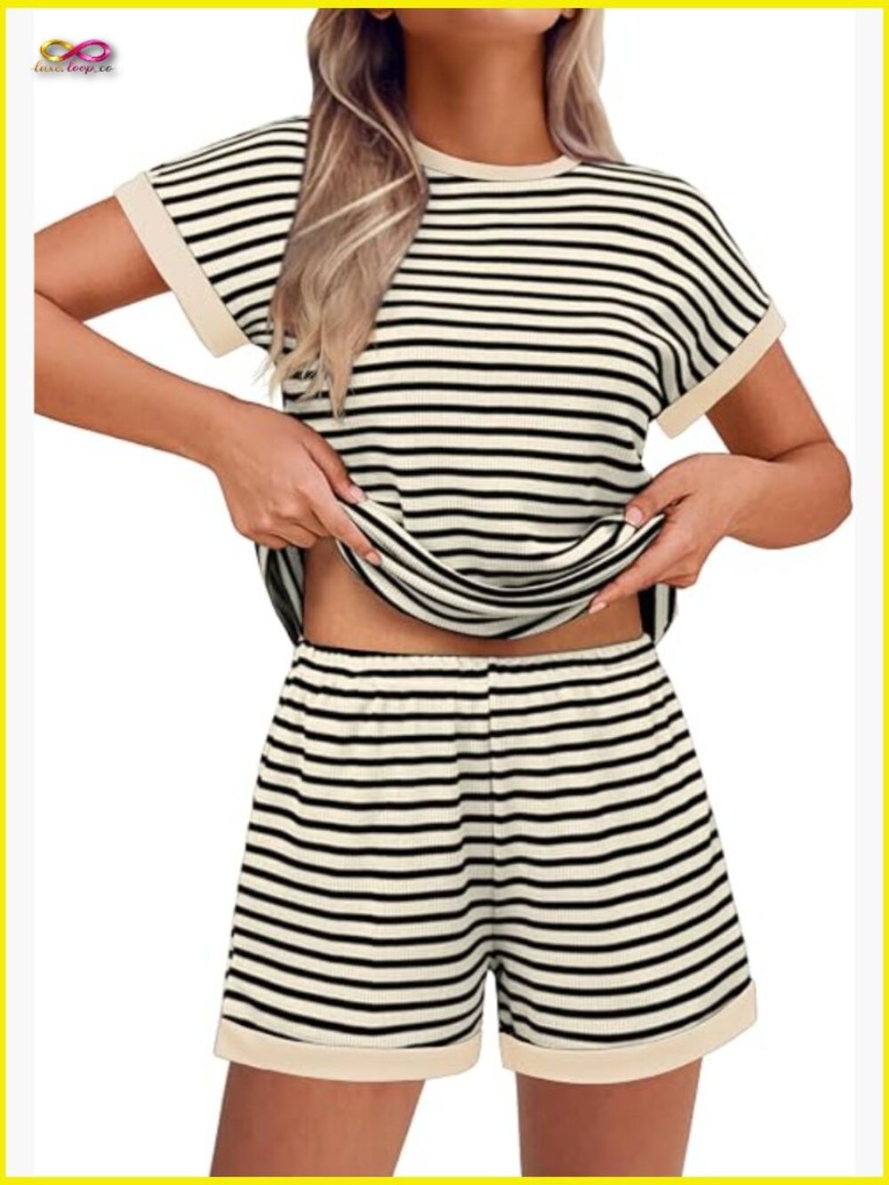 Women's 2 Piece Lounge Set Striped Knit T Shirt Shorts Matching Outfit